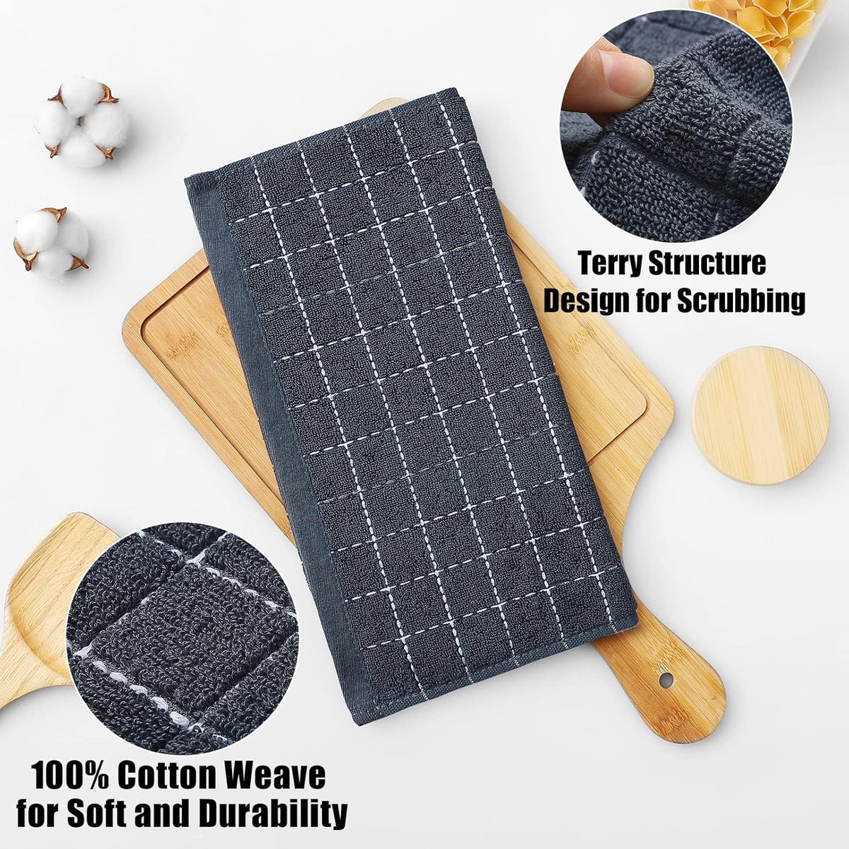Homaxy 100% Cotton Terry Kitchen Dish Cloths, Ultra Soft and Absorbent Dish Towels for Kitchen, Suitable for Drying and Washing Dishes, 8 Pack, 12 x 12 Inches, Dark Grey