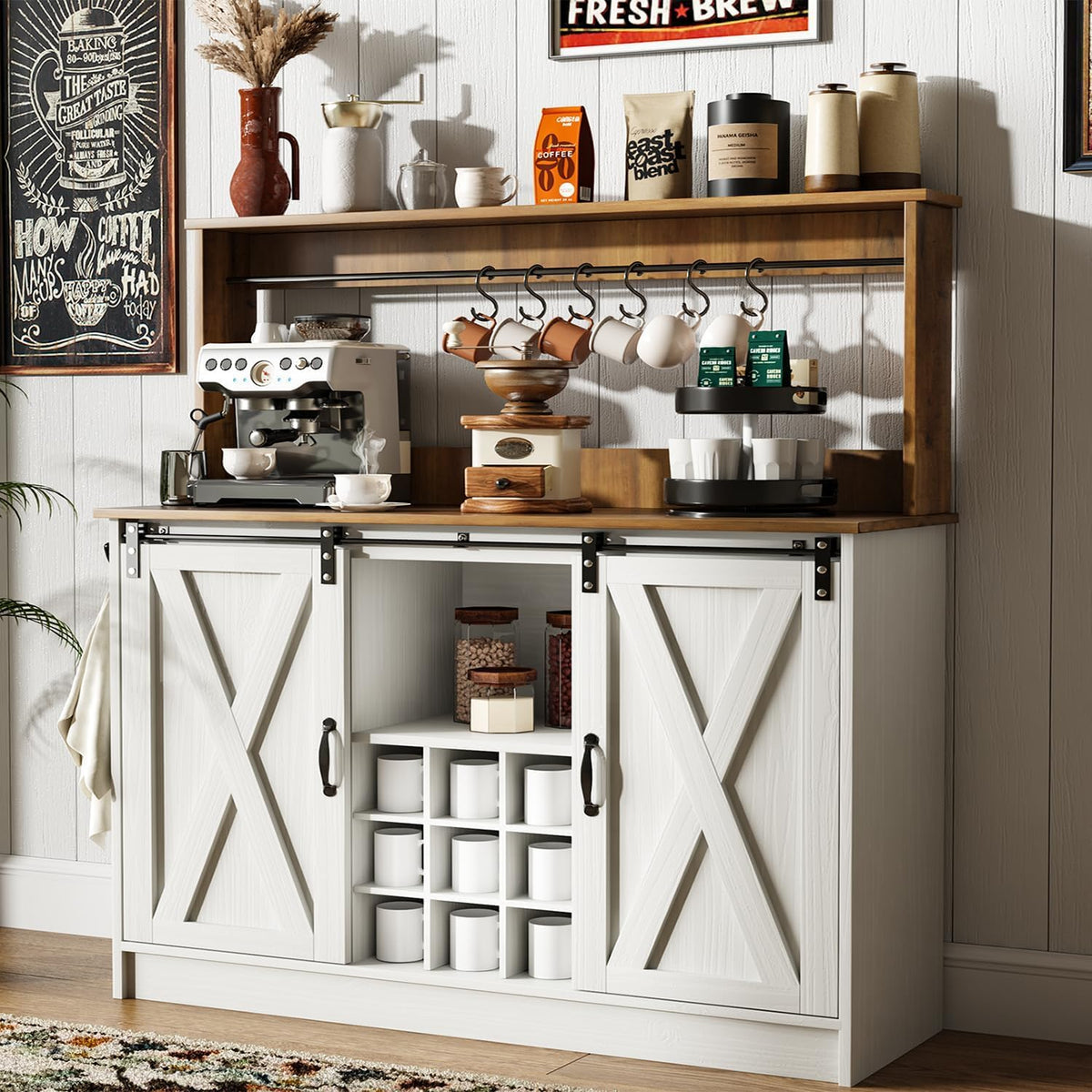 4ever2buy Farmhouse Coffee Bar Cabinet with Hutch, 47 Inch Buffet Cabinet with Storage, White Wine Bar with 9 Wine Racks and 6 Hooks, Coffee Bar Table with Adjustable Shelves for Living Dining Room