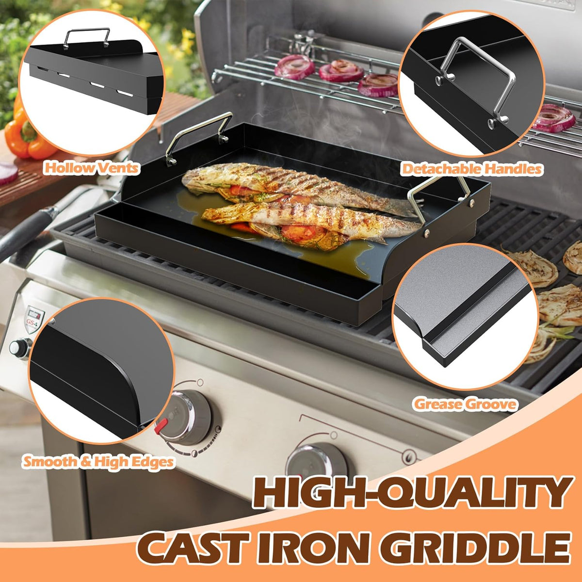 Flat Top Griddle Insert for Outdoor Gas Grill, Universal Cast Iron Griddle for Charcoal Grill, 17" x13" Nonstick Coating Plate with Handle & Grease Groove, for Camping Tailgating