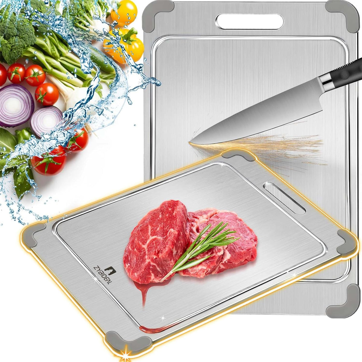 100% Pure Titanium Cutting Board with Grooves, Update Double Side Titanium Chopping Board, Silicone Anti-slip Stainless Cutting Boards for Kitchen 10 * 14 IN, Grey