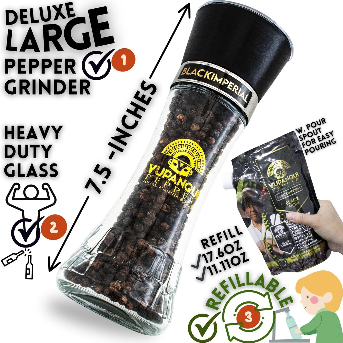 YUPANQUI Organic Black Pepper Grinder Manual Pepper Grinder 3.5oz Award-Winning Gourmet Peppercorns Peppermill BLACK IMPERIAL, Best Black Peppercorn Grinder for Kitchen