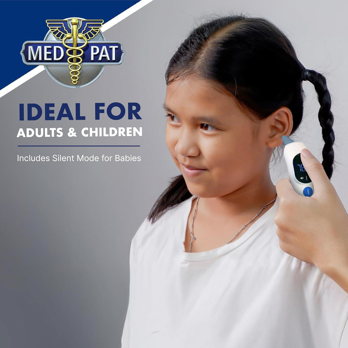 Med-Pat TH-1 Touchless Digital Thermometer - Infrared 1-Second Result - - Baby, Kids, Adults - Temperature Fever Alert, HD Color - Forehead & Ear Mode - Auto-Light & Silent Mode