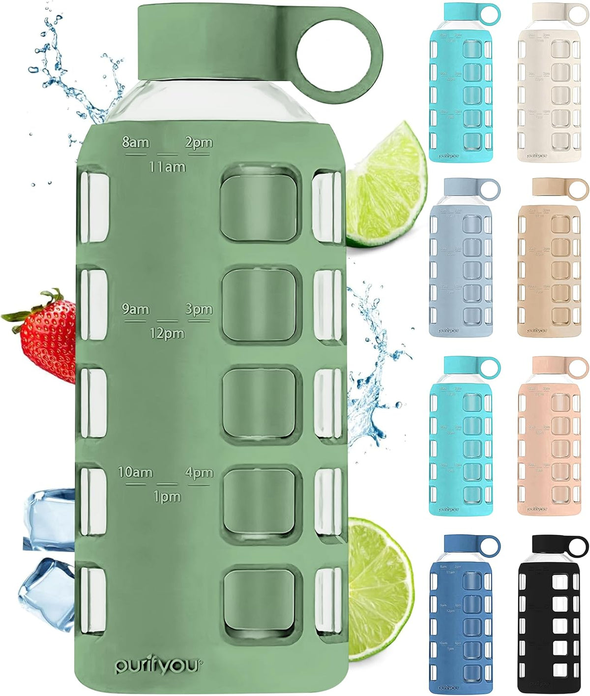 purifyou 40oz / 32oz / 22oz / 12oz Borosilicate Glass Water Bottle with Time & Volume Markers, Silicone Sleeve, Stainless Steel Lid – Reusable Glass Bottle for Water & Juice (22oz Shale Green)