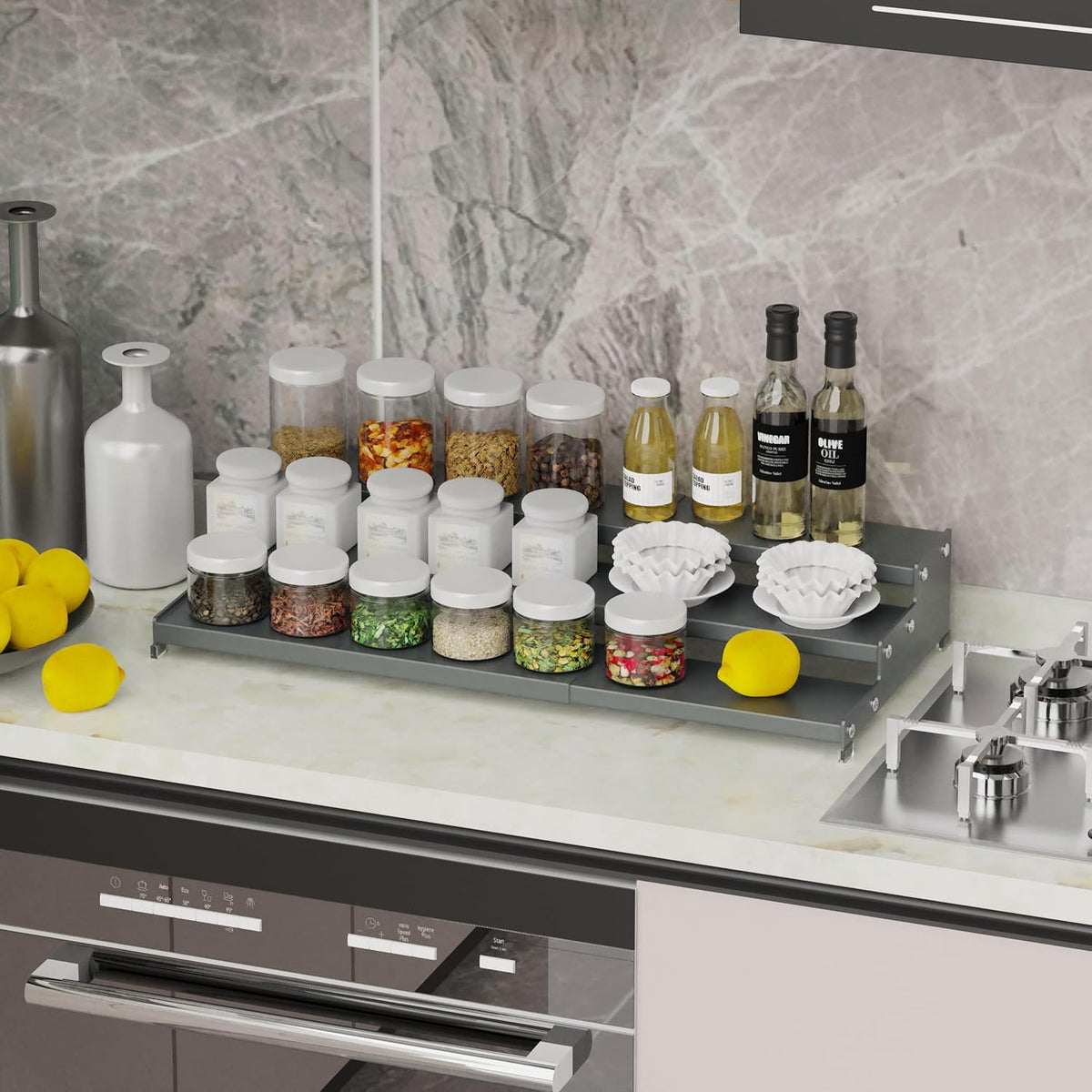 Expandable Spice Rack Storage organizer with 3-Tier step shelf cabinet,seasoning racks organizion.Great for Kitchen countertop shelves,Bathroom,dressing table,Cupboard,Pantry and more(1pack/Gun-gray)