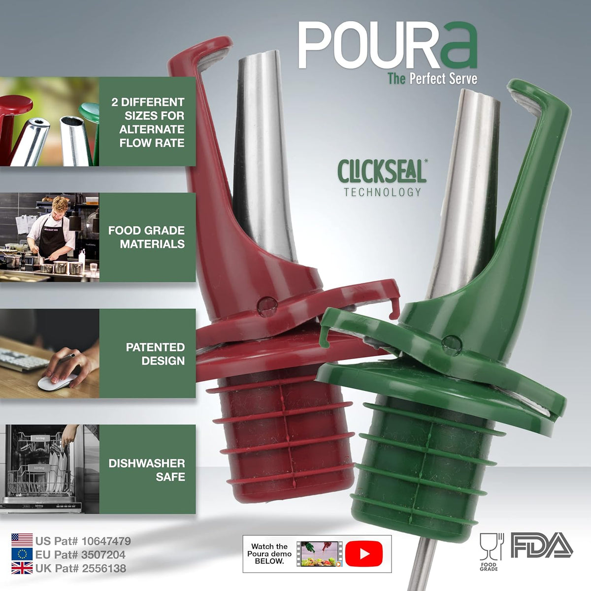 Poura Oil and Vinegar Dispenser Spouts | Airtight ClickSeal Bottle Pourers Keeps Oil Fresh with Built-in Caps | Use Your Own Bottles as Oil & Vinegar Dispensers | Dishwasher Safe