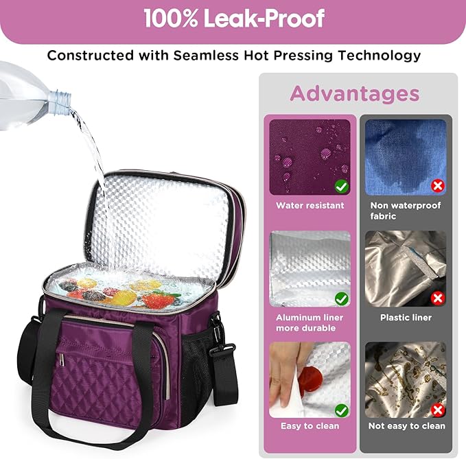 GLENKEY Expandable Insulated Lunch Box, Double Deck Lightweight Large Lunch Bag Tote Leakproof Cooler Bags for Women Adults Work Outdoor Picnic Daytrip, Purple,16L