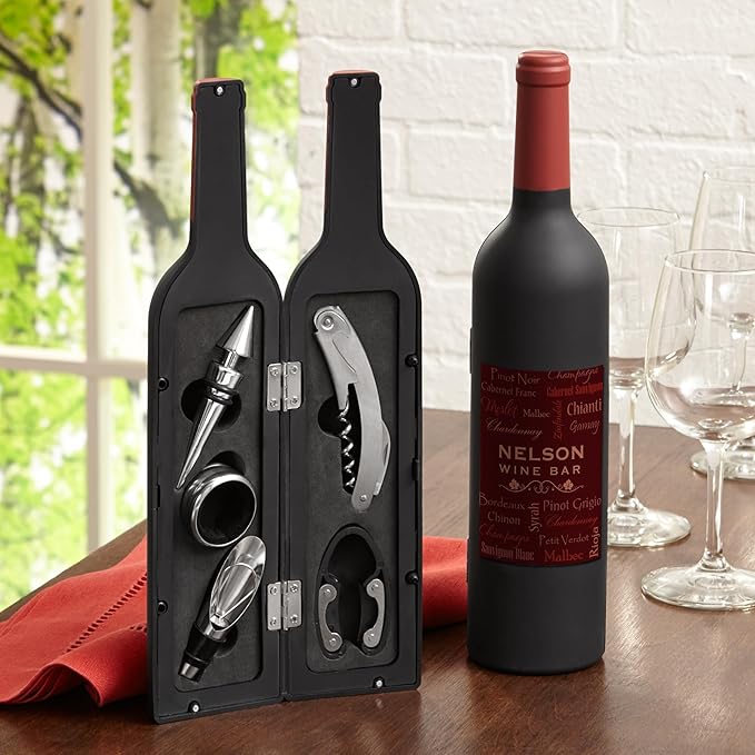 Let's Make Memories Personalized 5 Piece Tool Set - Wine Talk - Wine Bottle Opener - Unique Bar Accessories - Bottle-Shaped Holder - Personalize with Name