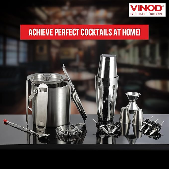 Vinod Stainless Steel Cocktail Set | 17 Piece Bar Accessories Set | 26 Ounce Boston Shaker w/Strainer Rubber Pourers Bar Jigger, Cocktail Spoon & More | Drink Mixer Bar Set | Bartender Kit