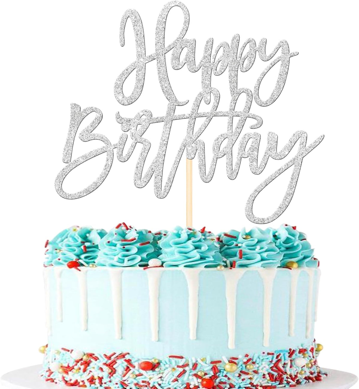 ZHUOWEISM 1 PCS Happy Birthday Cake Topper Glitter Happy Birthday Cake Pick for Celebrating Happy Birthday Anniversary Theme Party Cake Decorations Supplies Silver
