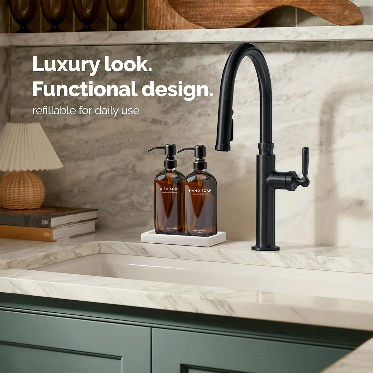 Vine Creations Amber Glass Soap Dispenser Set, Kitchen Soap Dispenser Set with Ceramic Tray, 16 oz Dish Soap and Hand Soap Dispensers with Stainless Steel Pump Decor (Amber Bottle/Matte Black)