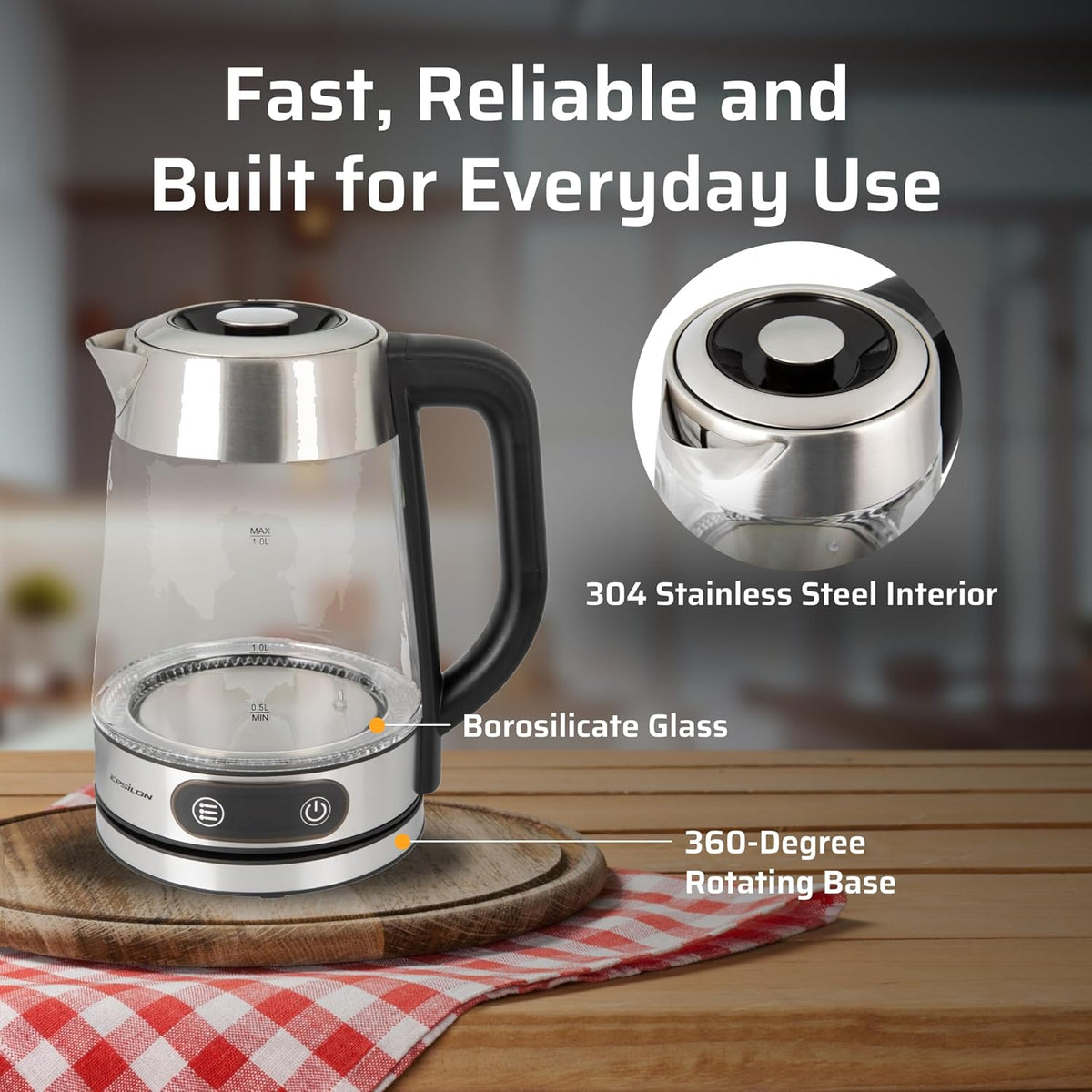 Epsilon 1.8L Glass Electric Kettle – Hot Water Tea Kettle with Borosilicate Glass & Stainless Steel, Auto Shut-Off, Fast Boil 1500W Electric Teapot, BPA-Free, Cool Touch Base