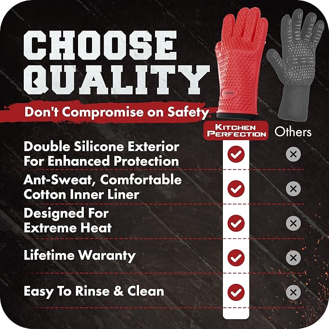 KITCHEN PERFECTION S Silicone Smoker Oven Gloves -Extreme Heat Resistant BBQ Gloves -Handle Hot Food Right on Your Grill Fryer Pit|Waterproof Oven Mitts |Superior Value Set+3 Bonuses