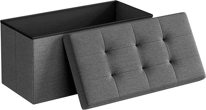 SONGMICS MAZIE Collection - 30 Inches Folding Storage Ottoman Bench, Ottoman Foot Rest, End of Bed Bench, Storage Chest, Load 660 lb, for Living Room, Bedroom, Entryway, Dark Gray ULSF47K