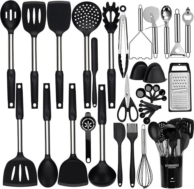 Silicone Cooking Utensils Set, NCUE 35 Pcs Kitchen Utensils Set with Holder, with Stainless Steel Handle Spatula Set, Spoons, Pasta Server, Cheese Grater, Masher, Scissors, Dishwasher Safe (Black)