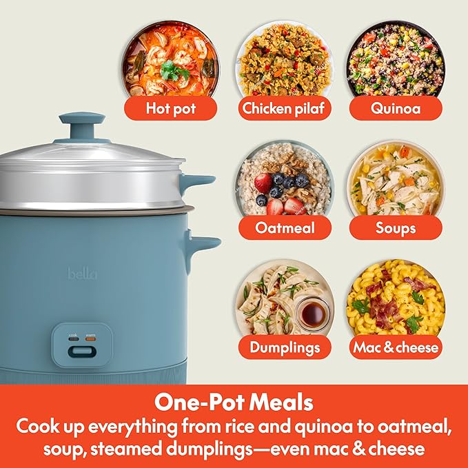 bella 16 Cup Rice Cooker with Steamer, Dishwasher Safe Steaming Basket, Rice Paddle and Measuring Cup, Removable Nonstick Cooking Bowl, Automatic Keep Warm Function, 400 Watt, Surf