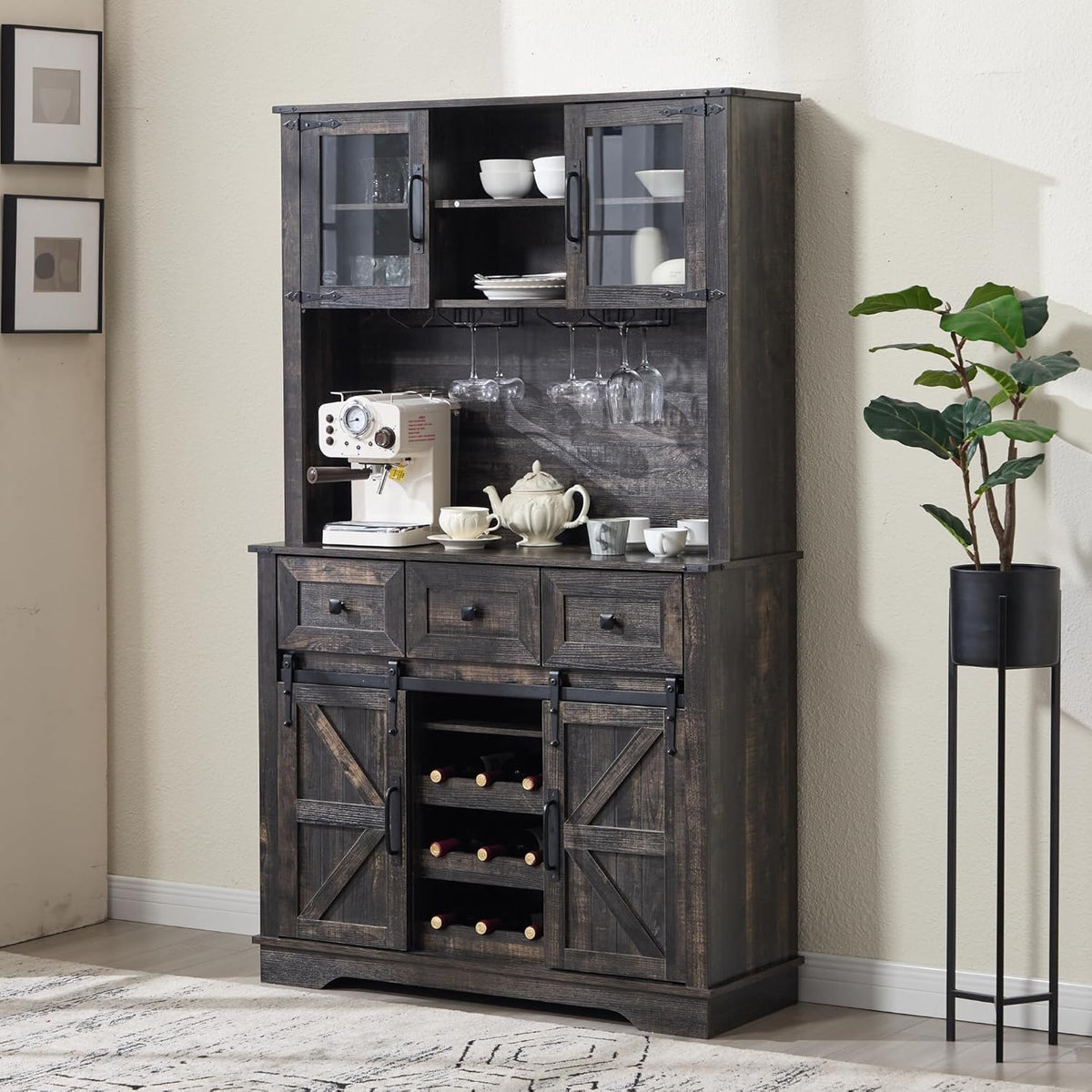 Coffee Bar Cabinet with Sliding Barn Doors 71'' Farmhouse Pantry Cabinet with Drawers & Wine Glass Rack Rustic Buffet Cabinet for Kitchen, Black