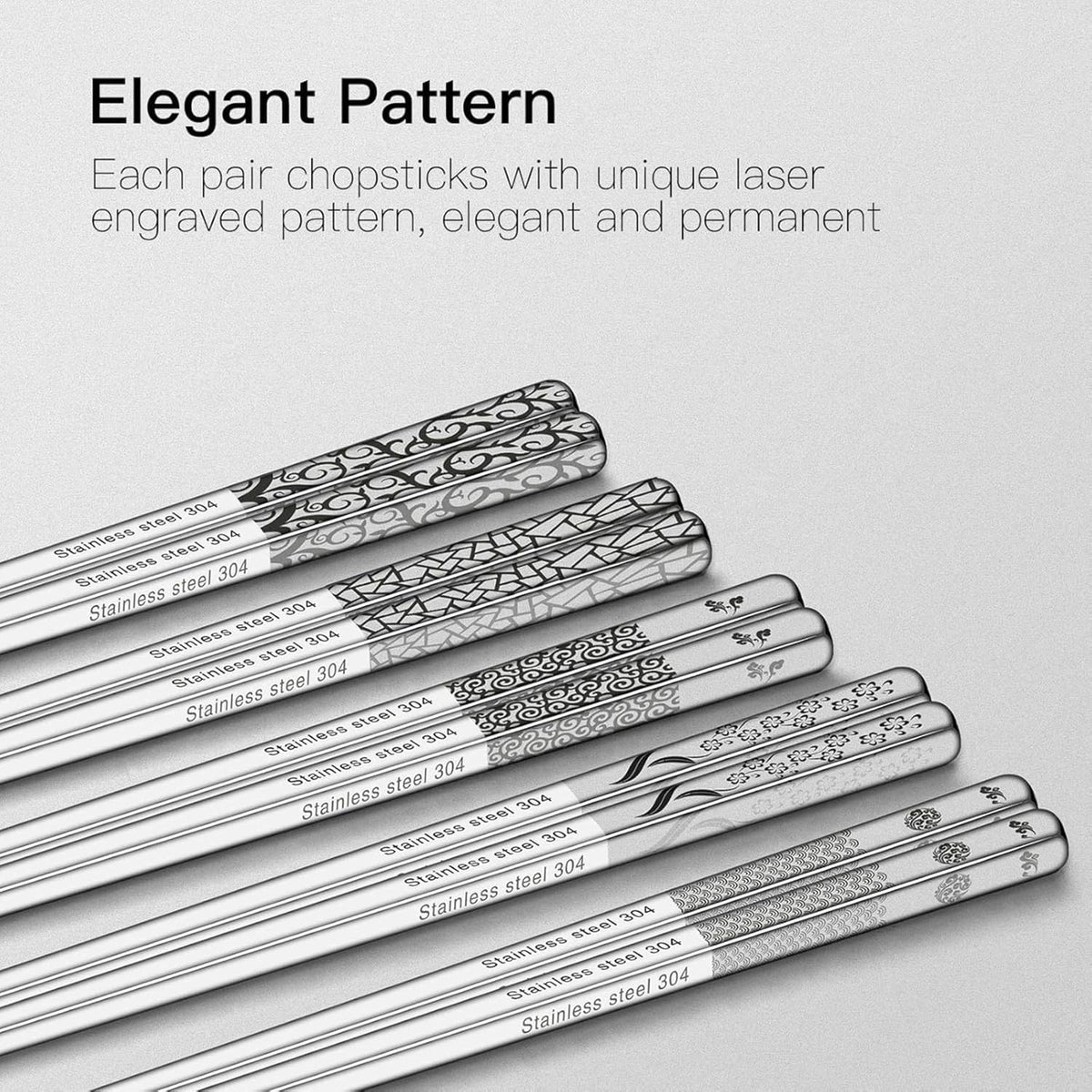 Metal Chopsticks Reusable 5 Pairs: Stainless Chopstick Set Dishwasher Safe,Non-Slip,Gift Box Packaging,Laser Engraved,Japanese Chinese Korean Chop Sticks for Cooking Eating - 5 Patterns