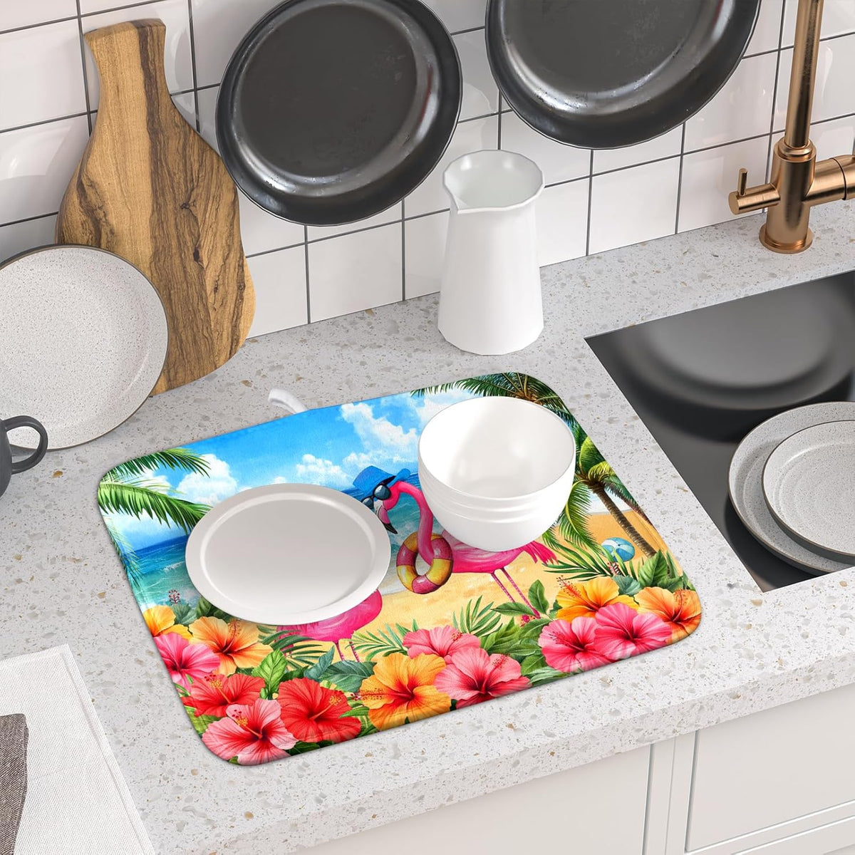 Summer Flamingos Dish Drying Mat 16x18 inch Tropical Beach Microfiber Washable Dish Rack Mats Drainer Pad for Counter Kitchen Table Decor
