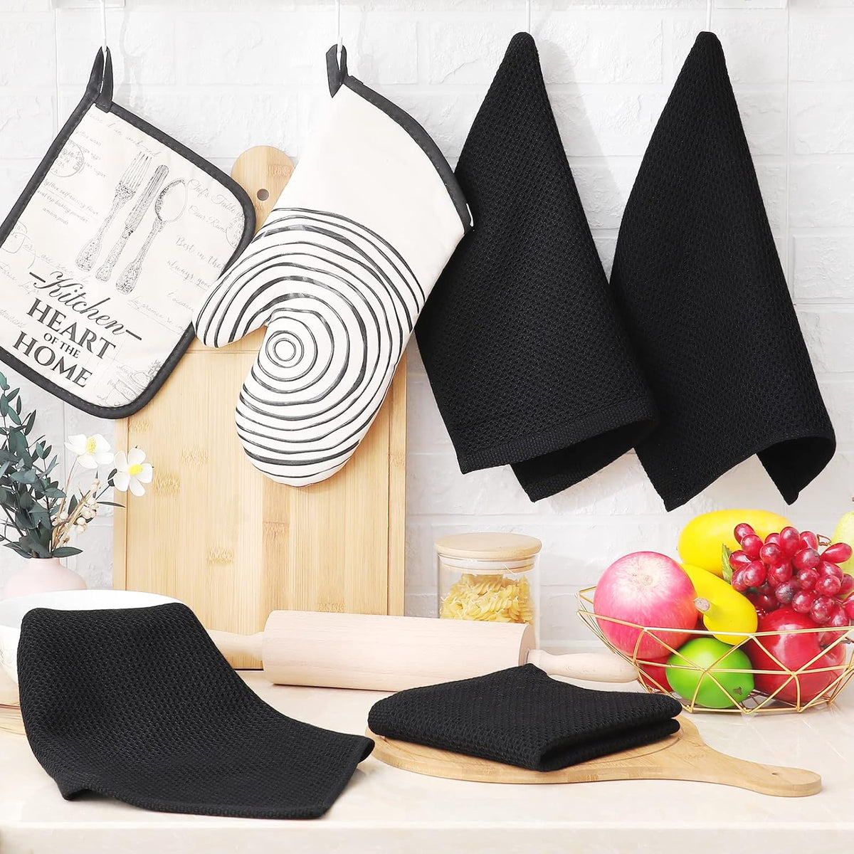 Homaxy 100% Cotton Waffle Weave Kitchen Dish Cloths, Ultra Soft Absorbent Quick Drying Dish Towels, 12 x 12 Inches, 8-Pack, Black