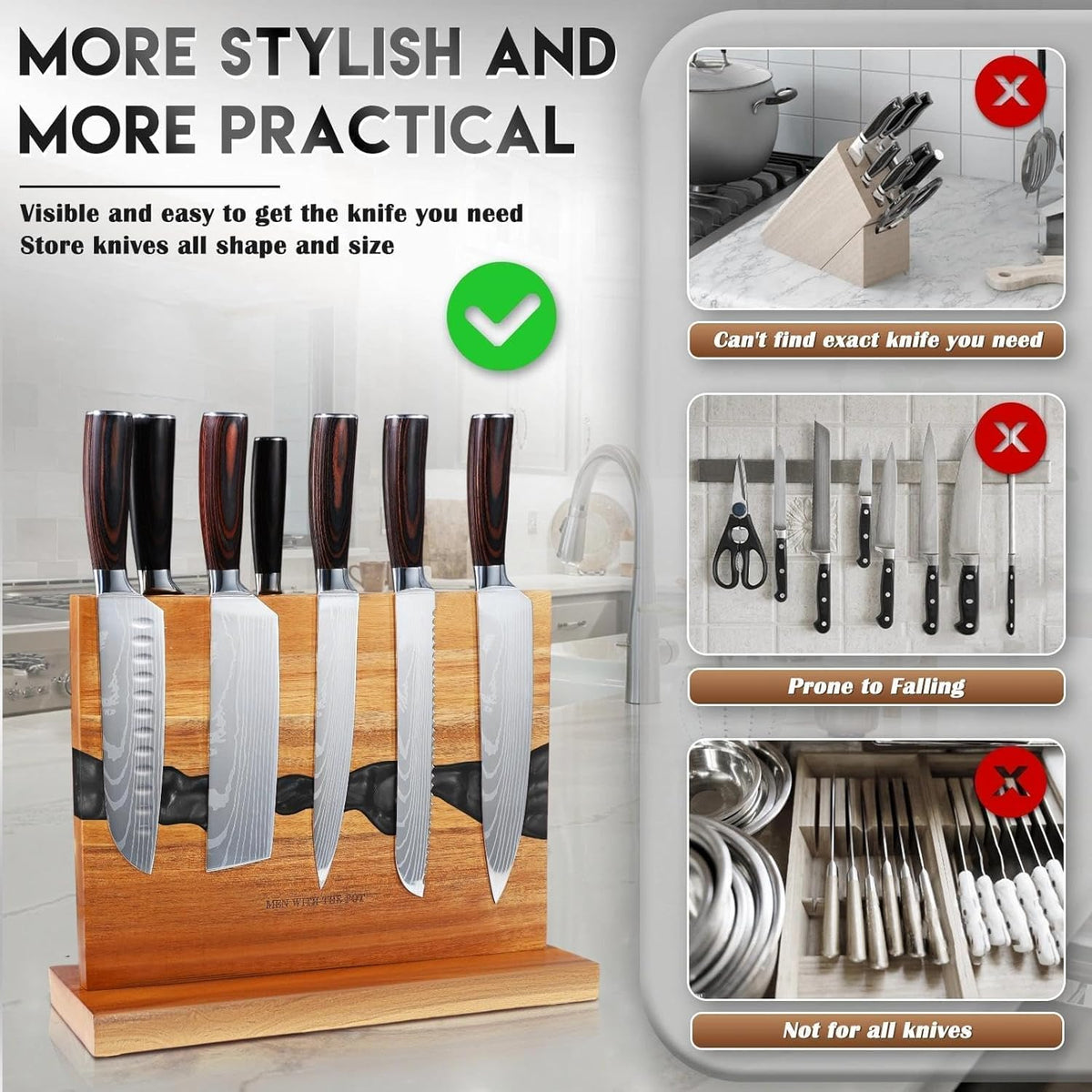 MEN WITH THE POT 13 x 10 Inches Magnetic Knife Block, Double Sided Powerful Wood & Black Flow Pattern Magnetic Kitchen Knives Holder Stand, Knife Storage Organizer for Kitchen Counter (Without Knives)