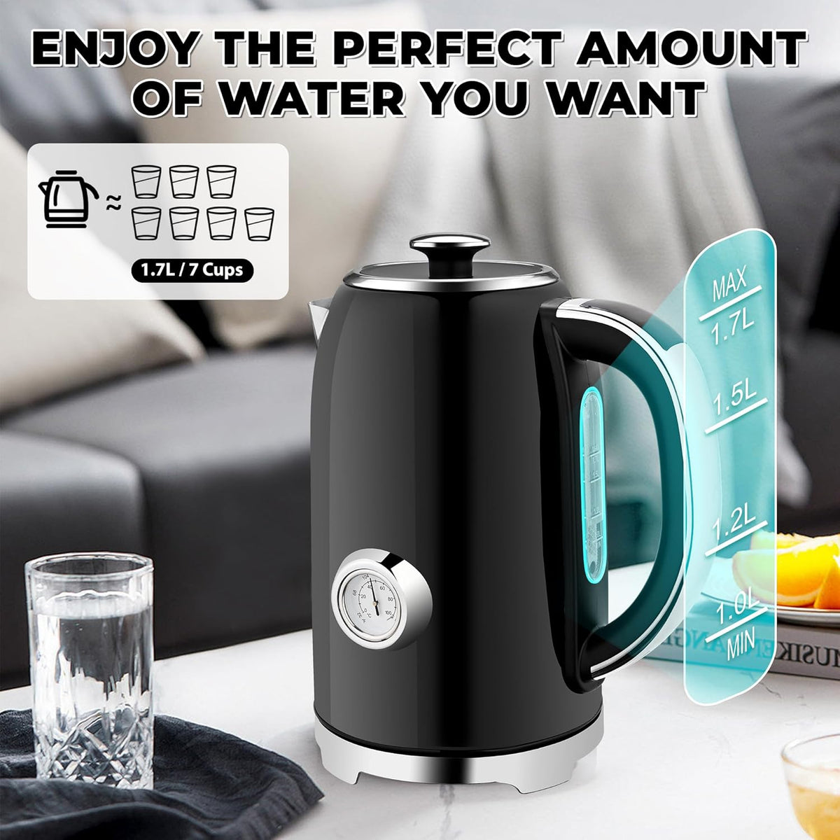 SUSTEAS Electric Kettle Temperature Control - 57oz Hot Water Boiler with Thermometer, 1500W Fast Heating Stainless Steel Tea Kettles, Cordless LED Indicator, Auto Shut-Off & Boil Dry Protection,Black
