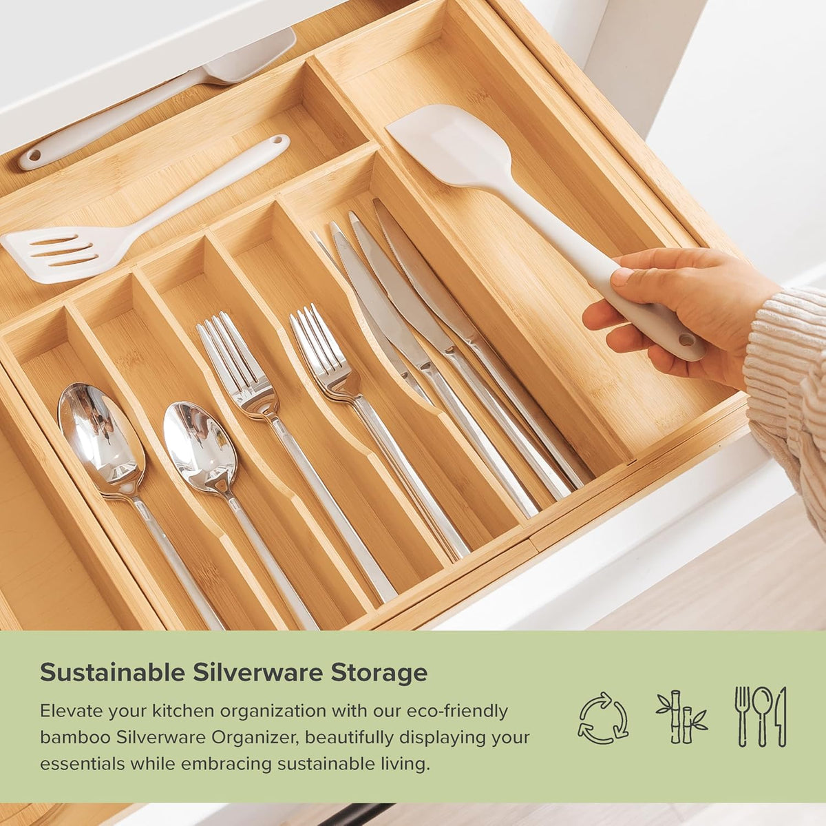 KitchenEdge Premium Silverware, Flatware and Utensil Organizer for Kitchen Drawers, Food-Safe Contract Grade, Expandable from 16 to 28 In, Natural Bamboo