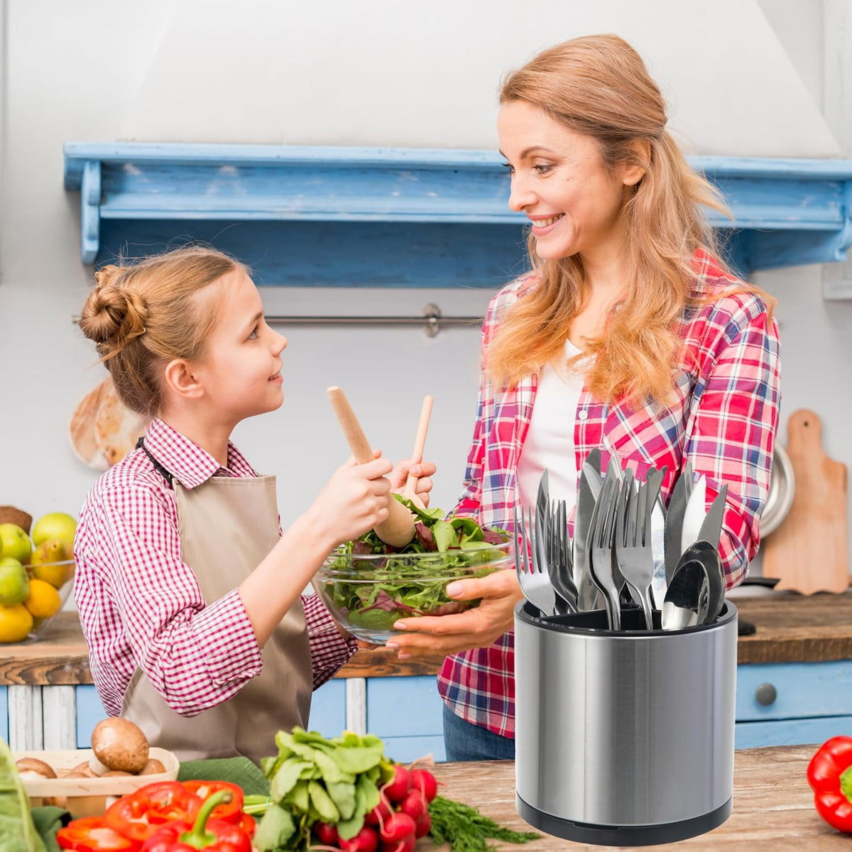Utensil Holder,Kitchen Utensil Holder For Counter,Rotating Silverware Organizer Cooking Flatware Spoon Spatula Tool Cutlery Container Stainless Steel Caddy