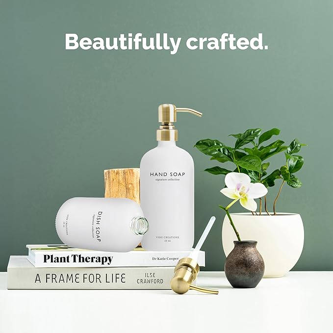 Vine Creations White Glass Soap Dispenser Set, Dish Soap and Hand Soap Dispenser Set with Stainless Steel Pump, 16 oz Glass Dispensers for Kitchen or Bathroom Decor (Matte White Bottle/Brushed Brass)