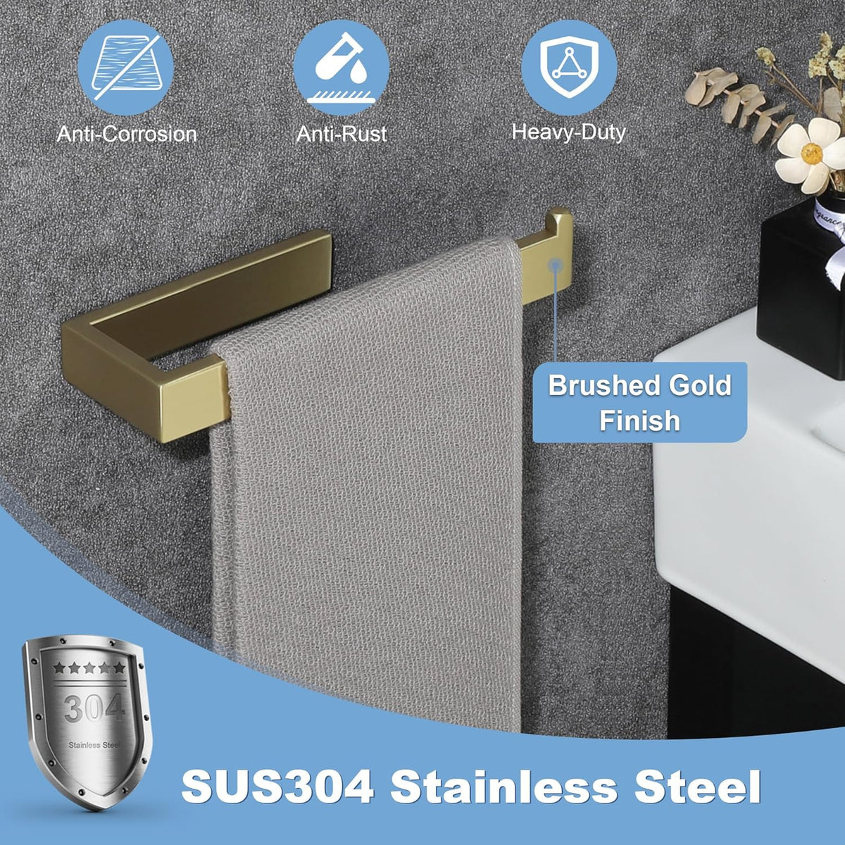 Sayayo Brushed Gold Towel Ring for Bathroom, 10 Inch Hand Towel Bar Towel Rack Towel Holder Wall Mounted Square, SUS304 Stainless Steel