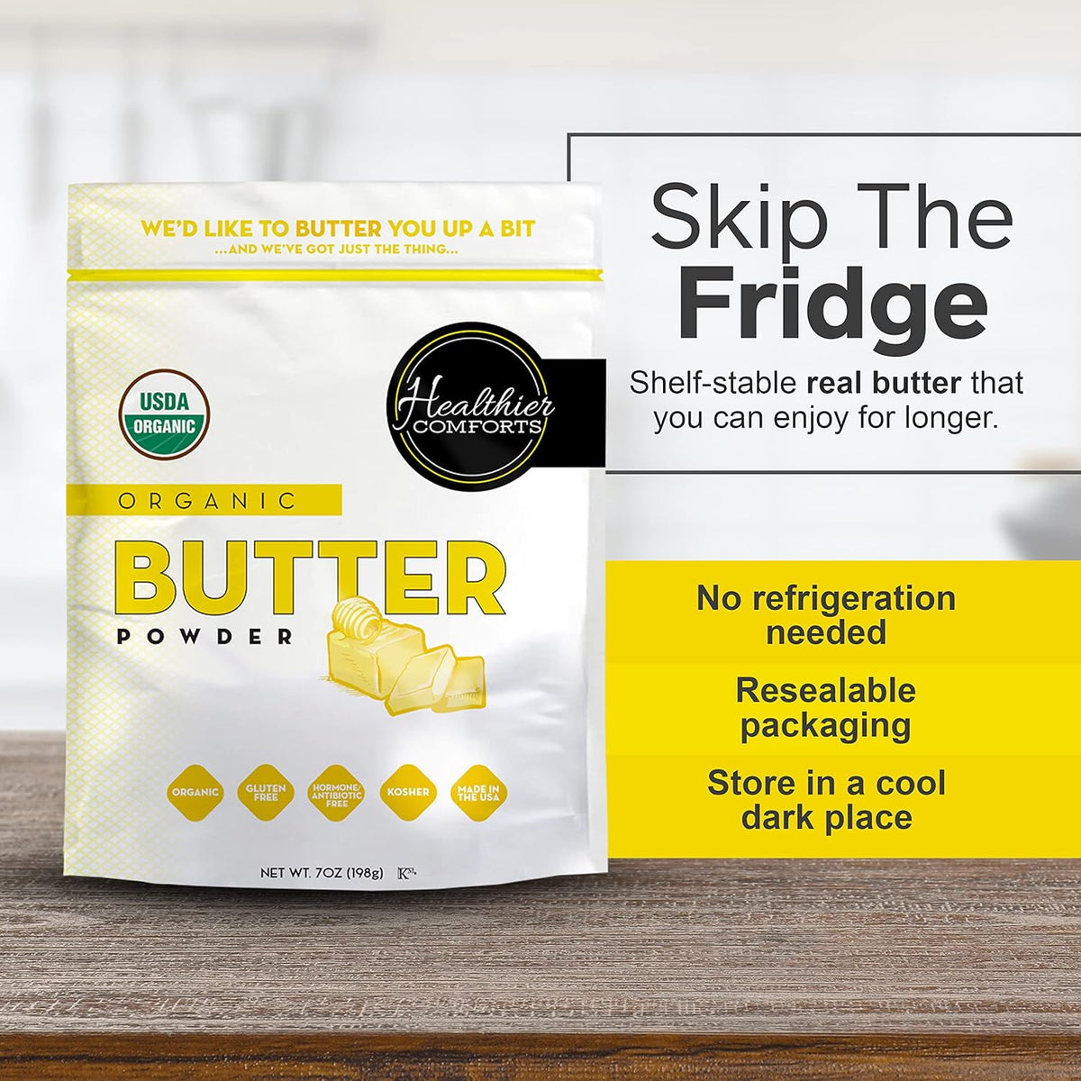Healthier Comforts Organic Butter Powder | USDA Certified Organic Dehydrated Unsalted Butter | Kosher, Gluten Free, Non-GMO | Popcorn, Baking, Seasoning 7oz