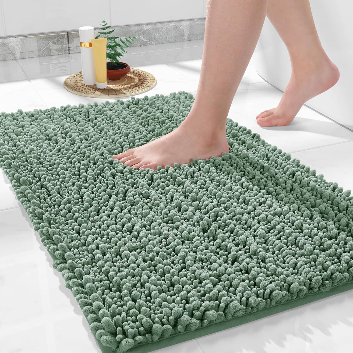 Yimobra Large Bathroom Rugs Non Slip Washable 36x24 Inch - Ultra Soft Absorbent Chenille Bath Mat, Quick Dry Shaggy Floor Carpet for Tub Shower, Green Home Decor Accessories