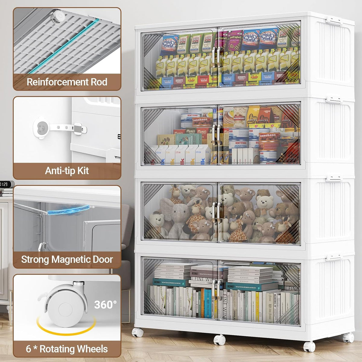 220Gal Plastic Stackable Storage Bins with Lid, 880QT Extra Large Closet Organizers Collapsible Cabinets Boxes With Drawers, Foldable Containers with 6x Wheels for Home Kitchen, V60 4Pack White