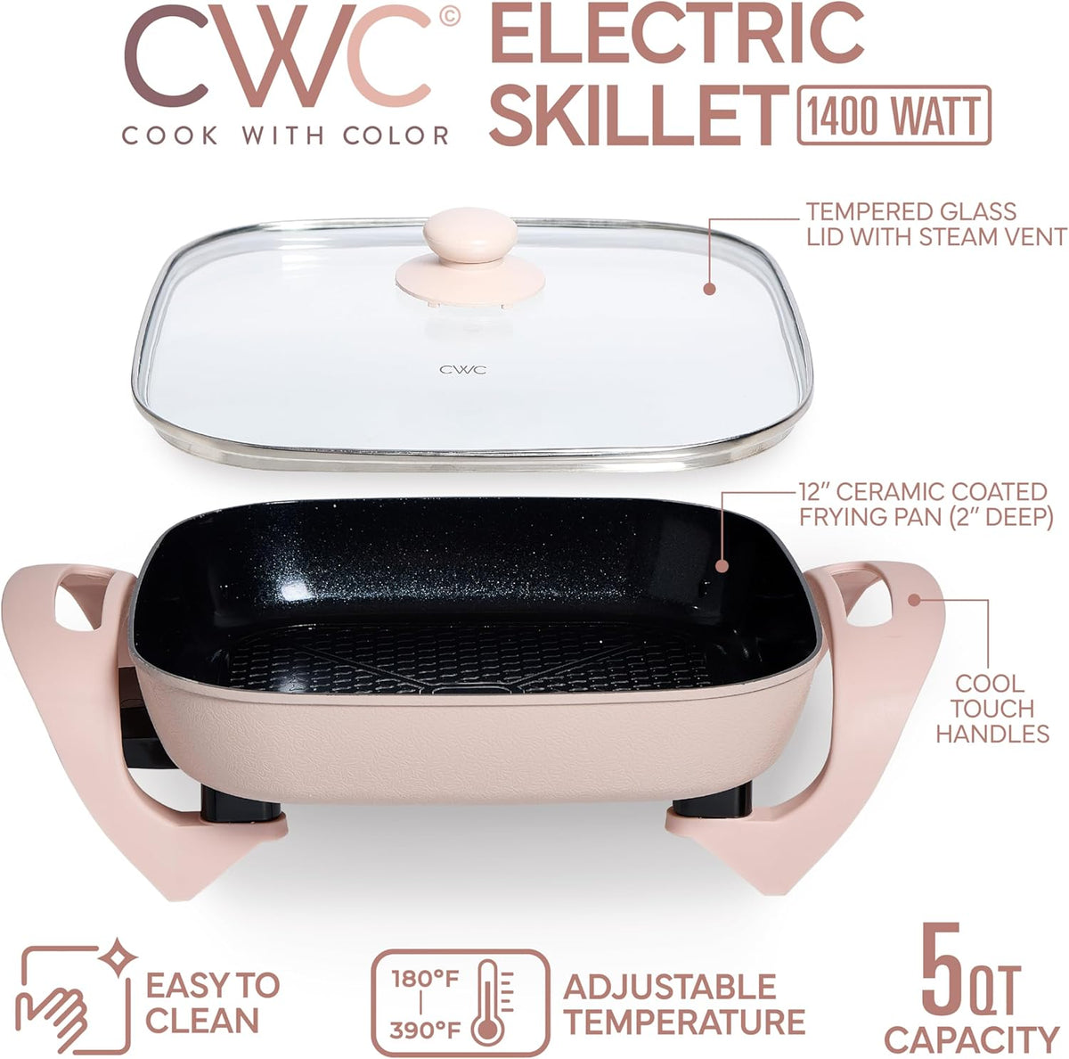 COOK WITH COLOR Electric Skillet - 12" x 12" Ceramic Nonstick Pan, PFAS-Free, 1400W, Tempered Glass Lid, Variable Temperature, Removable Heating Probe, Cool-Touch Handles, Blush