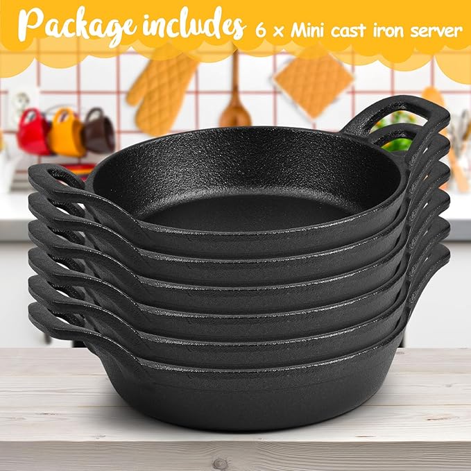 Mini Cast Iron Skillets 6.3 x 6.3 x 1.5 Inch Cast Iron Pan Small Ramekin Set Black Casserole Dish Cookware Oven Safe Mini Skillets for Kitchen Indoor Outdoor Picnic (6 Pack)