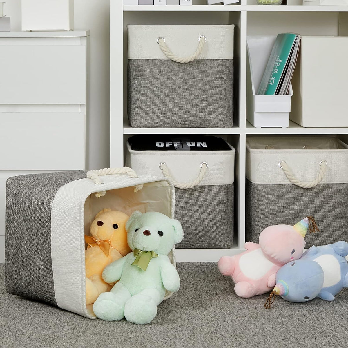 DULLEMELO Cube Storage Bins Set of 4 Fabric Storage Cubes Organizer Bin with Handles, Collapsible 12 Inch Cube Storage Baskets for Organizing, Closet, Shelf, Nursery (White&Grey)