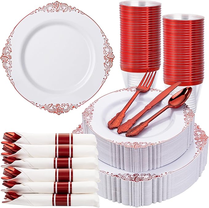 Nervure 350PCS Red Plastic Plates - White Red Plastic Dinnerware Set for 50 Guests - 100 Red Disposable Plates, 50 Pre Rolled Cutlery Set, 50 Cups Perfect for Wedding, Party & Christmas