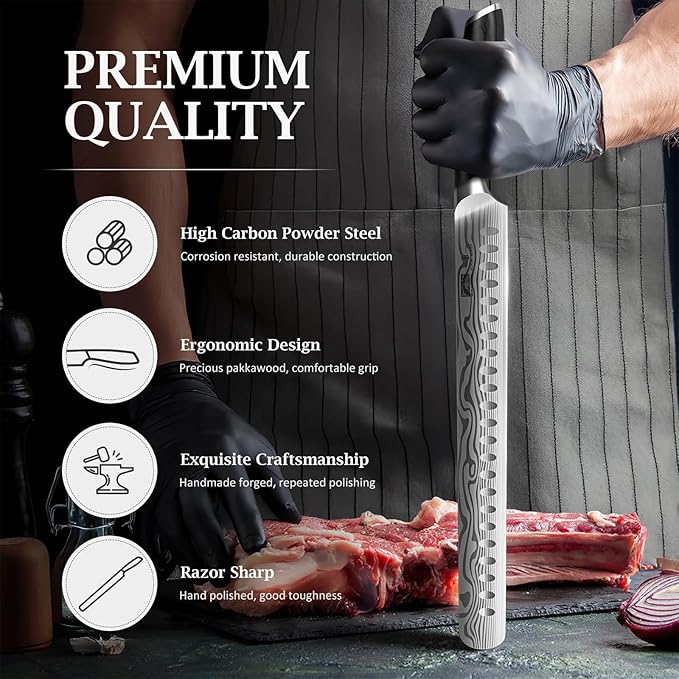 HOSHANHO 12 Inch Carving Knife, Razor Sharp Brisket Knife with Pakkawood Handle, Japanese High Carbon Powder Steel Slicing Knives for BBQ Brisket Turkey Ham Rib Roast