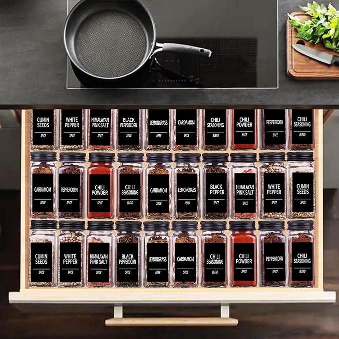 Churboro 66 Spice Jars with 547 Labels- Glass Spice Jars with Black Metal Caps, 4oz Empty Spice Containers with Shaker Lids, Funnel, Chalk Pen, Square Seasoning Bottles for Spice Rack, Drawer, Cabinet