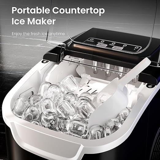 AGLUCKY Ice Makers Countertop with Self-Cleaning, 8 Cubes Ready in 6 Mins, Portable Ice Machine with 2 Sizes Bullet Ice/Ice Scoop/Basket for Home/Kitchen/Office/Bar/Party, Black