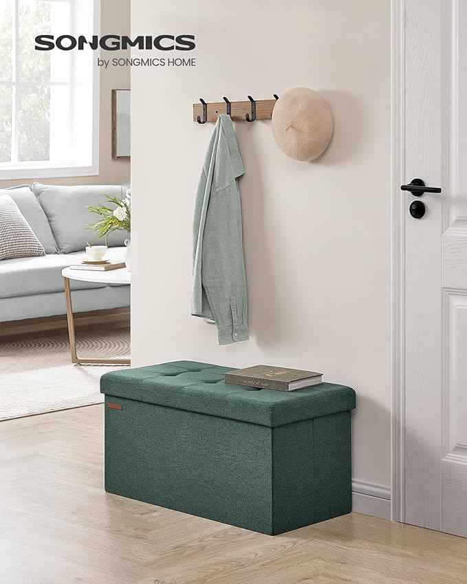 SONGMICS Mazie Collection - 30 Inches Folding Storage Ottoman Bench, Ottoman Foot Rest, End of Bed Bench, Storage Chest, Load 660 lb, for Living Room, Bedroom, Entryway, Retro Green ULSF047C01