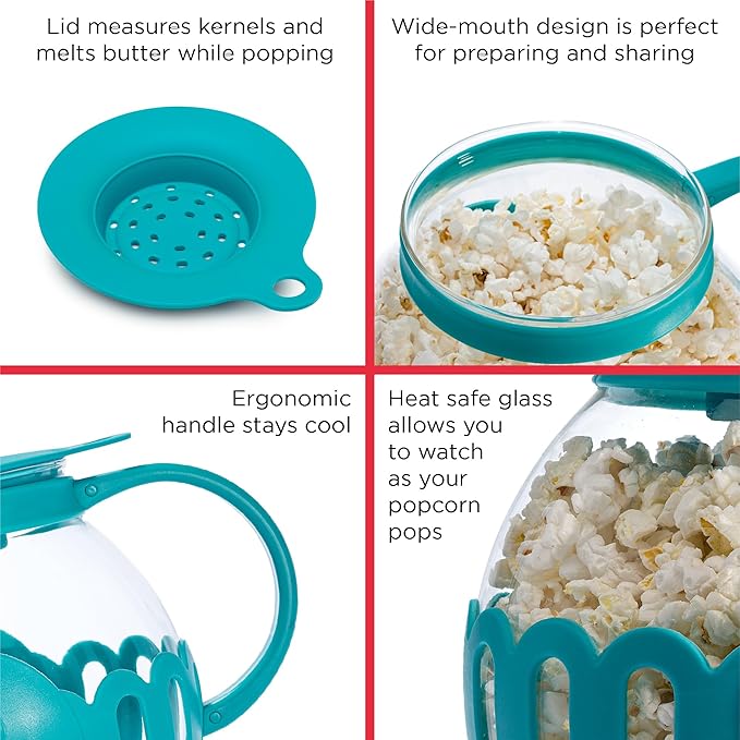 Ecolution Patented Micro-Pop Microwave Popcorn Popper with Temperature Safe Glass, 3-in-1 Lid Measures Kernels and Melts Butter, Made Without BPA, Dishwasher Safe, 1.5-Quart, Teal