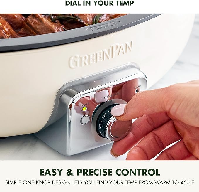GreenPan Elite 5.5QT Electric Oval Skillet, PFAS-Free Ceramic Nonstick, 1800 Watt, Dishwasher Safe Lid & Removable Crock, Adjustable Temp Control Multi-Cooker, Sear, Sauté, Rice, Stir-Fry, Cream White