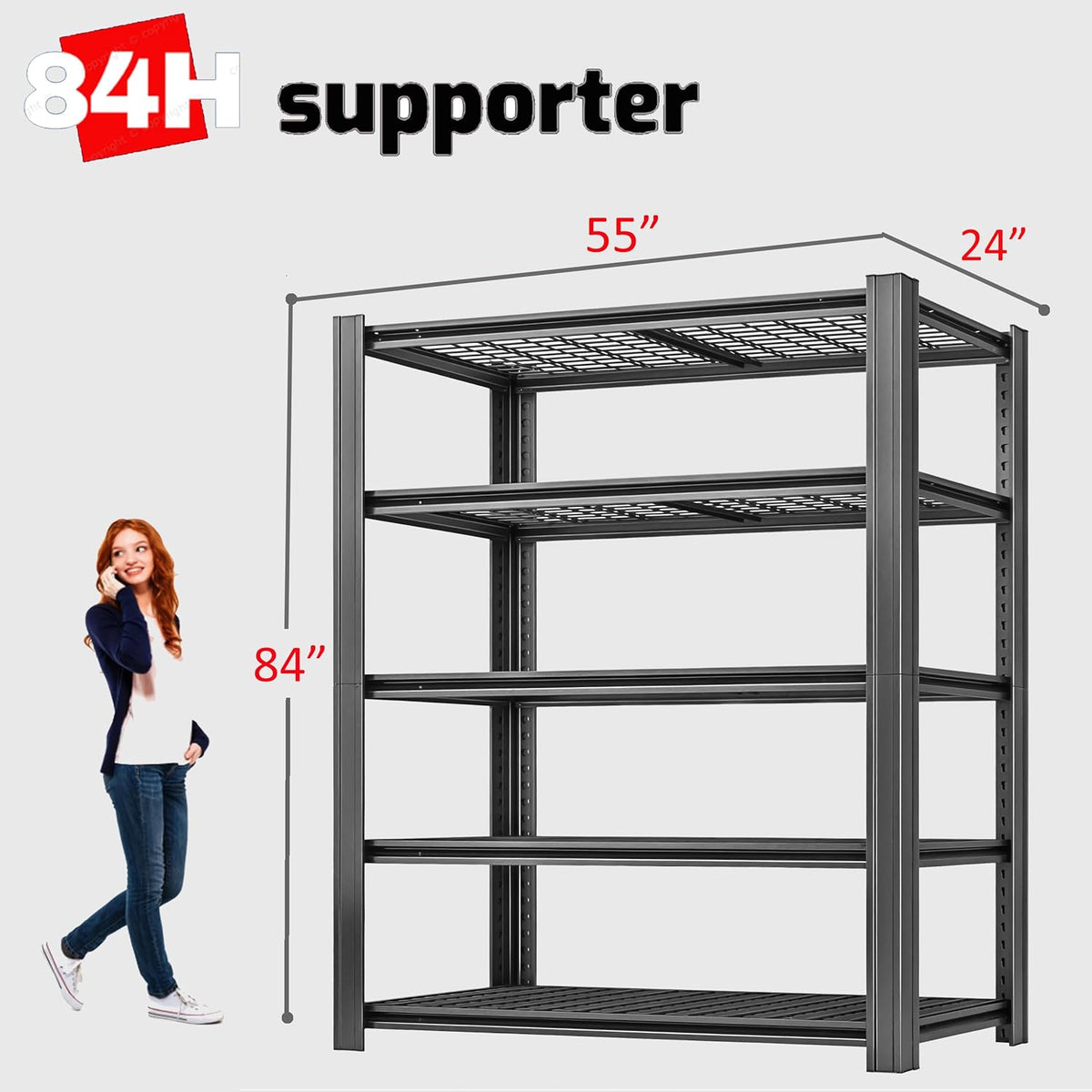 5 Tier Metal Shelving Unit, Adjustable Storage Shelves, 84" H x 55" W x 24" D Heavy Duty Garage Shelves for Warehouse, Basement, Kitchen, Pantry, Living Room, Black (5T 84 * 55 * 24)