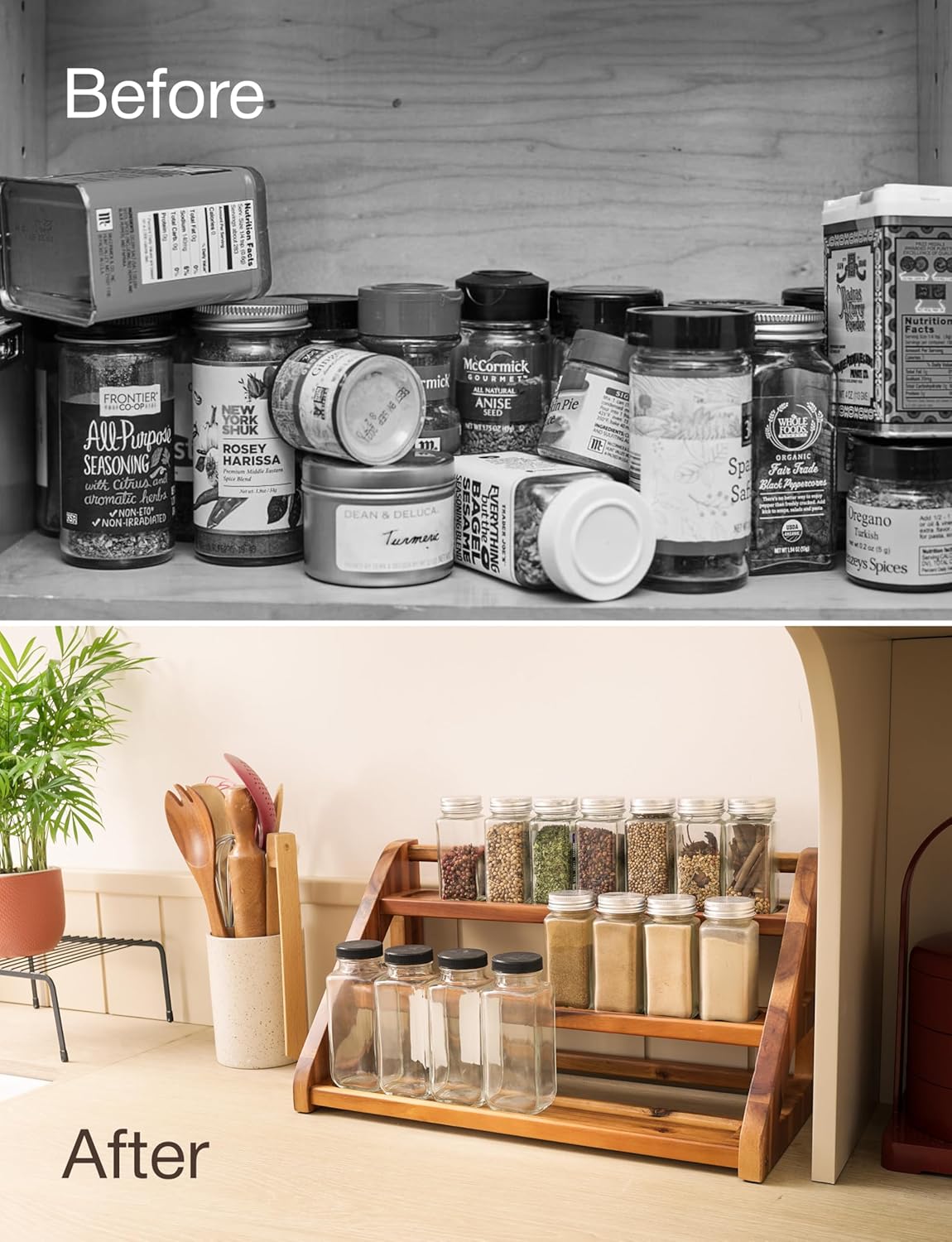 Tinamo Acacia Wood Spice Rack for Countertop - Wooden Tray Holds 24 Jars Spice Racks Organizer for Storage Shelf - 3 Tiered Spice Rack Organizer for Cabinet - Spice Shelf for Kitchen Pantry (Acacia)