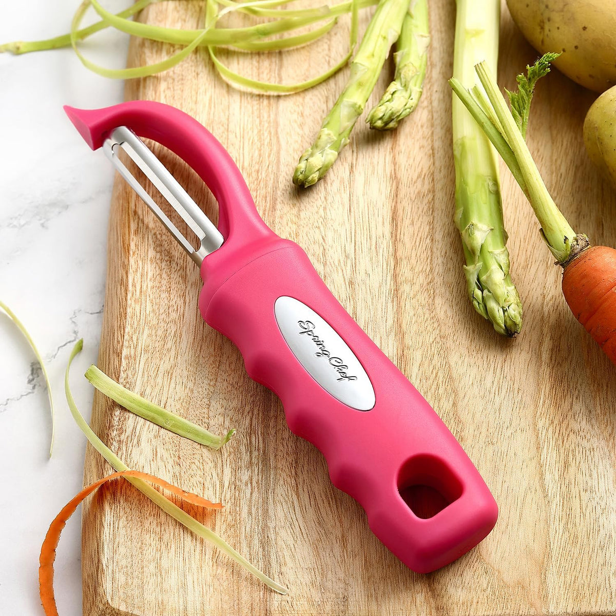 Spring Chef Premium Stainless Steel Vegetable Peeler for Kitchen, Dishwasher Safe Apple Peeler with Non-Slip Handle & Sharp Blades, Peel Potato, Fruit, Veggie, Carrot, Mango, Cucumber - Pink