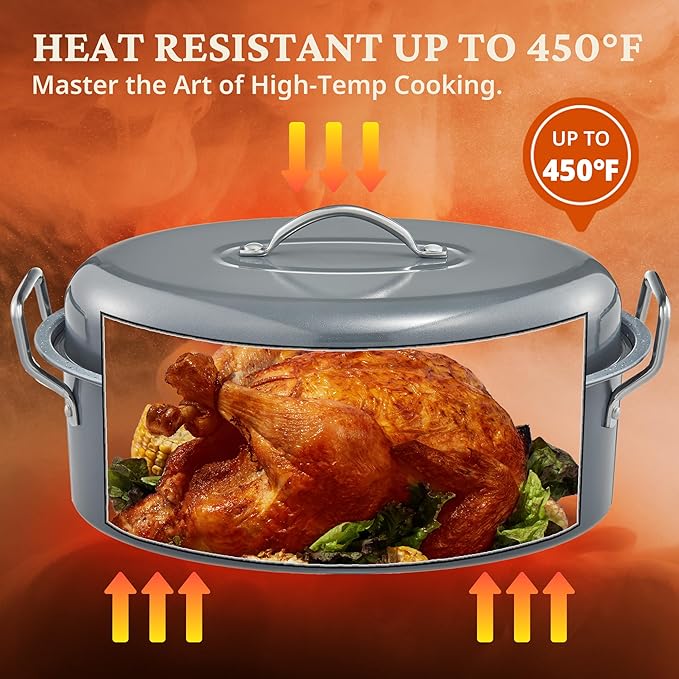 BRONYPRO Roasting Pan with Rack, 18-Inch Granite Roaster with Lid, 20 lb Capacity for Turkey, Chicken, and Vegetables, Light Gray