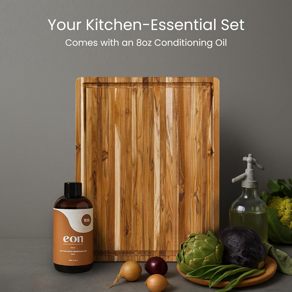 Teakhaus Carving Board and Cutting Board Oil Set - Includes Small (S) Wood Cutting Board with Juice Groove and EON Food Grade Mineral Oil - Knife-Friendly - FSC Certified