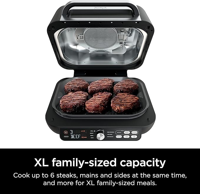 Ninja IG651 Foodi Smart XL Pro 7-in-1 Indoor Grill/Griddle Combo, use Opened or Closed, Air Fry, Dehydrate & More, Pro Power Grate, Flat Top, Crisper, Smart Thermometer, Black
