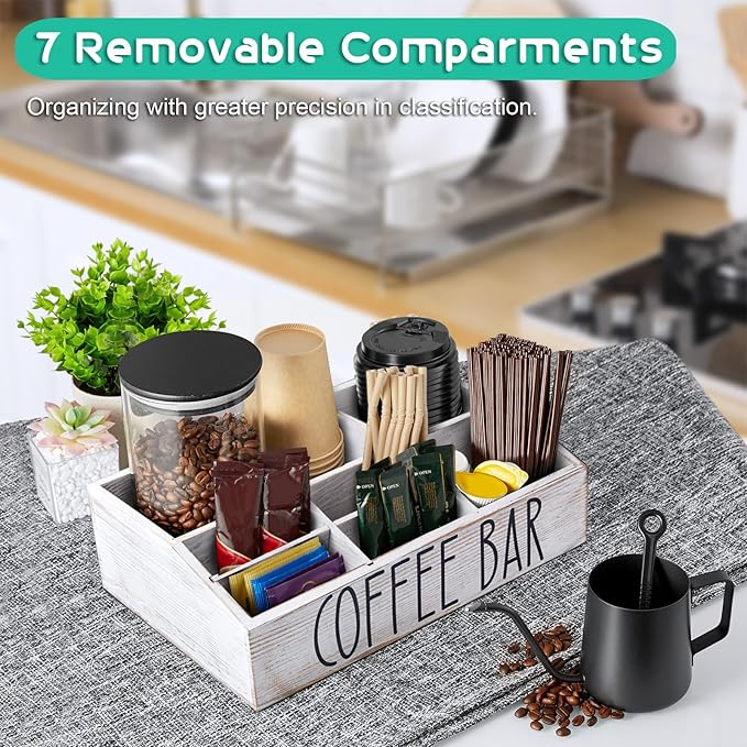 ALELION White Coffee Station Organizer for Countertop - 7 Compartments Rustic Coffee Bar Accessories and Organizer with Removable Dividers