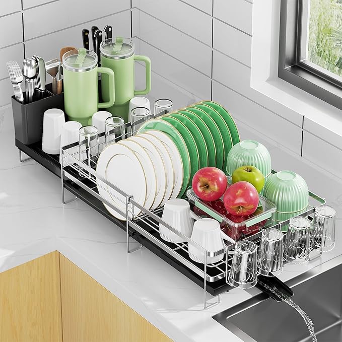 Large Dish Drying Rack, Expandable Dish Rack, Stainless Steel Anti-Rust Dish Racks for Kitchen Counter, Multifunctional Dish Drainer with Utensil Holder & Cup Holder, 13.4"-28.7" L x 11.8" W